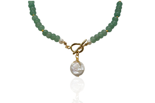 Green Aventurine Pearl Droplet Toggle Necklace