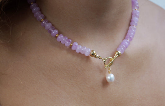 Pink Chalcedony Pearl Droplet Toggle Necklace