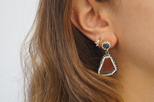 Irregular Agate Rhinestone Earrings - Brown