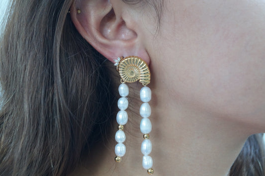 Coral Shell Pearl Drop Statement Earrings