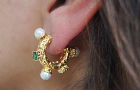 Eme Chunky Pearl Emerald Stone Hoops