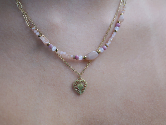 Rose Quartz Gemstone Layered Leaf Necklace