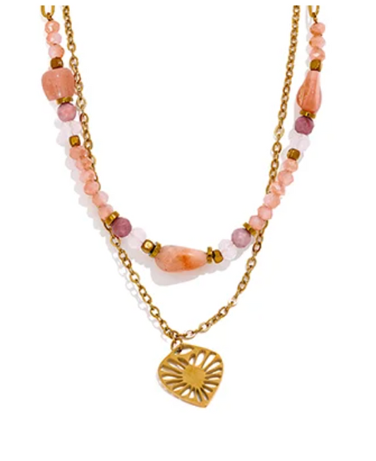 Rose Quartz Gemstone Layered Leaf Necklace